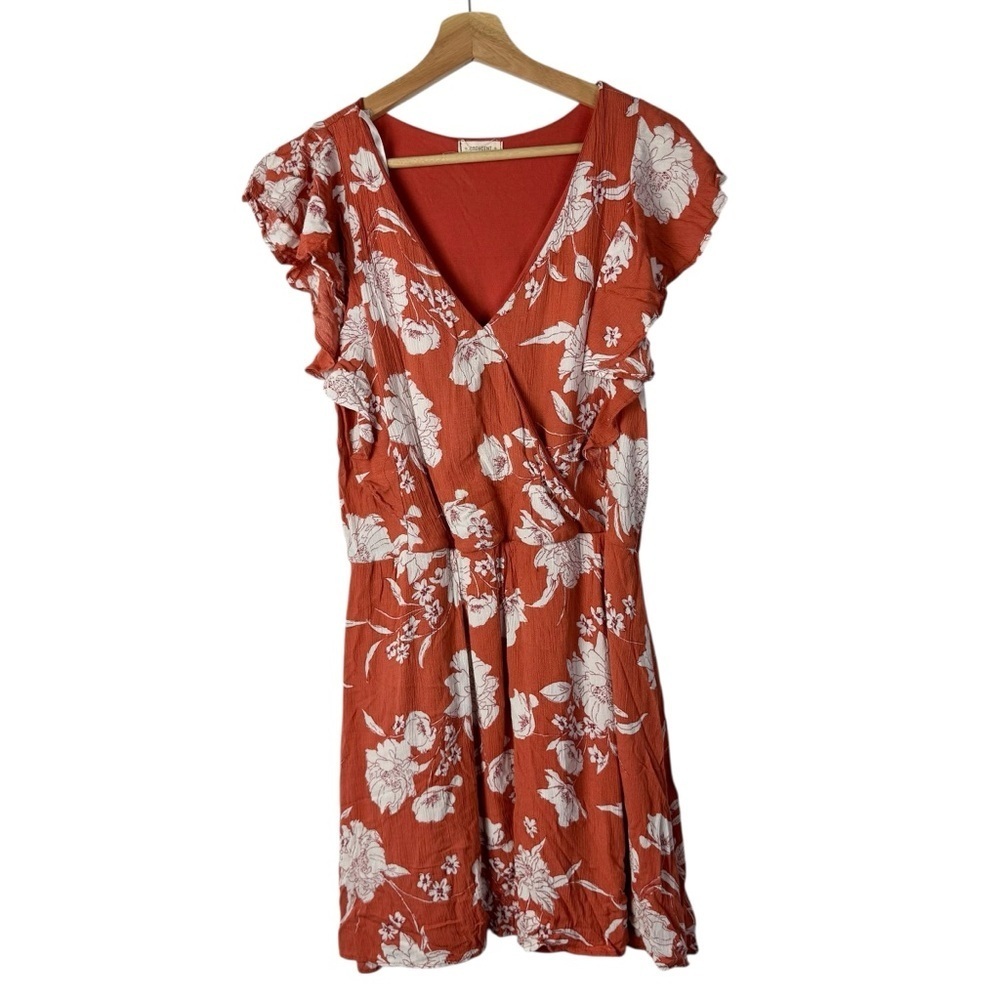 Boutique Crescent Orange & White Floral Wrap Front Short Sleeve Mini Dress M
